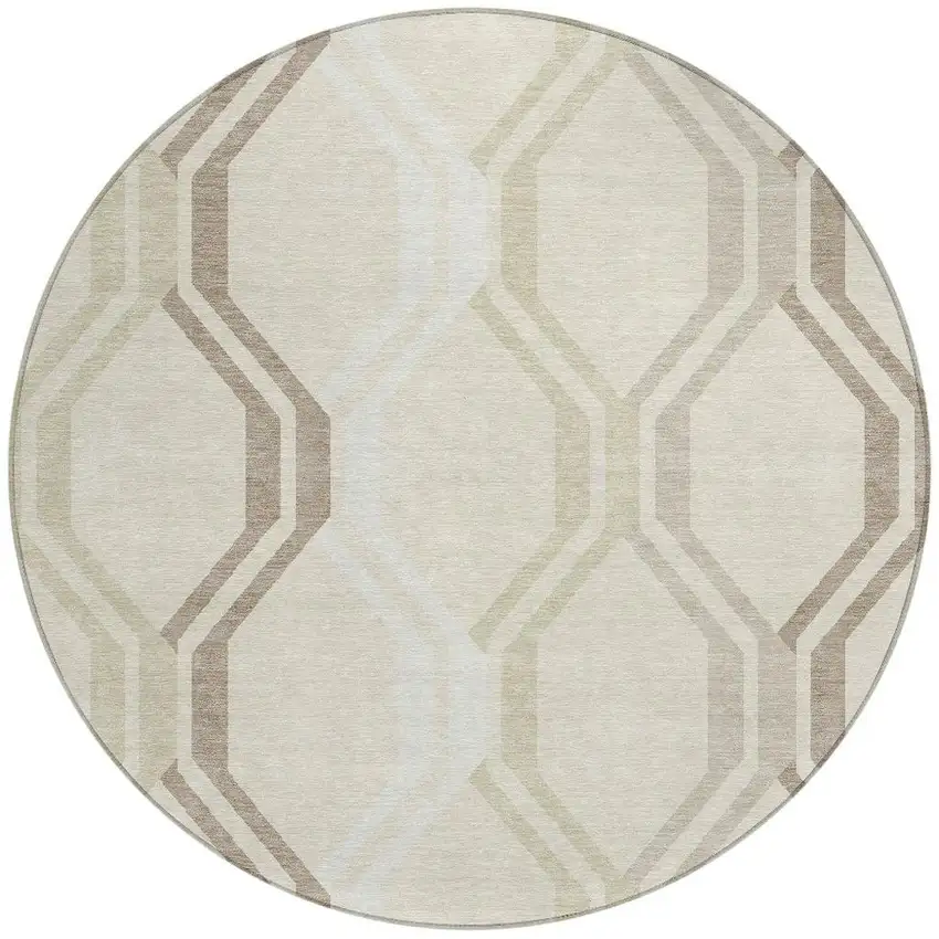 8' Beige And Brown Round Geometric Washable Indoor Outdoor Area Rug Photo 4