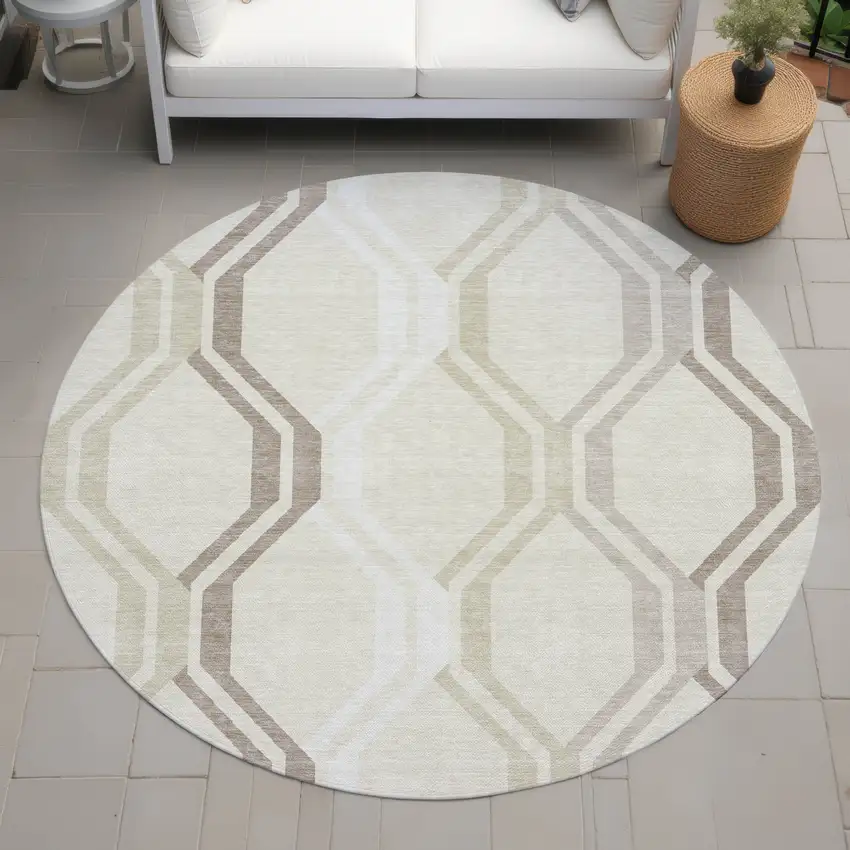 8' Beige And Brown Round Geometric Washable Indoor Outdoor Area Rug Photo 7