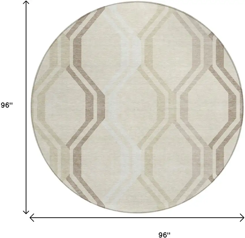8' Beige And Brown Round Geometric Washable Indoor Outdoor Area Rug Photo 3