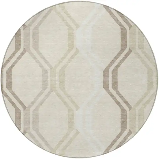 8' Beige And Brown Round Geometric Washable Indoor Outdoor Area Rug Photo 5