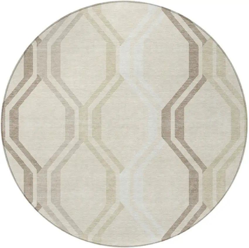 8' Beige And Brown Round Geometric Washable Indoor Outdoor Area Rug Photo 5