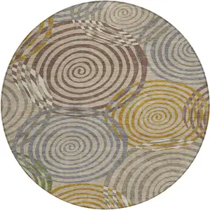 Photo of 8' Beige And Brown Round Geometric Washable Indoor Outdoor Area Rug