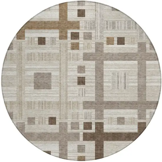 8' Beige And Brown Round Geometric Washable Indoor Outdoor Area Rug Photo 2