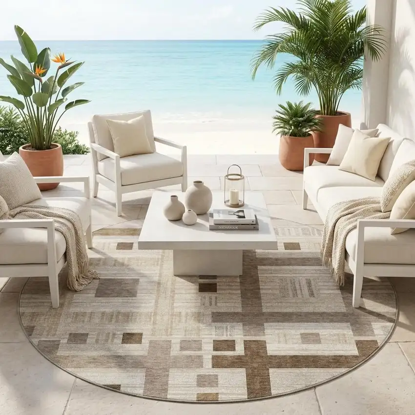 8' Beige And Brown Round Geometric Washable Indoor Outdoor Area Rug Photo 1
