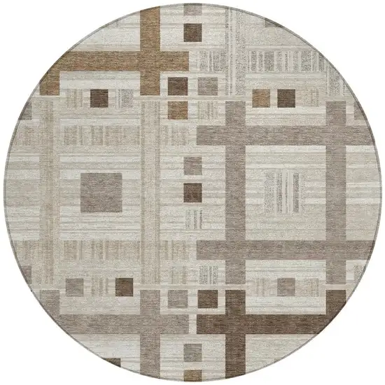 8' Beige And Brown Round Geometric Washable Indoor Outdoor Area Rug Photo 4