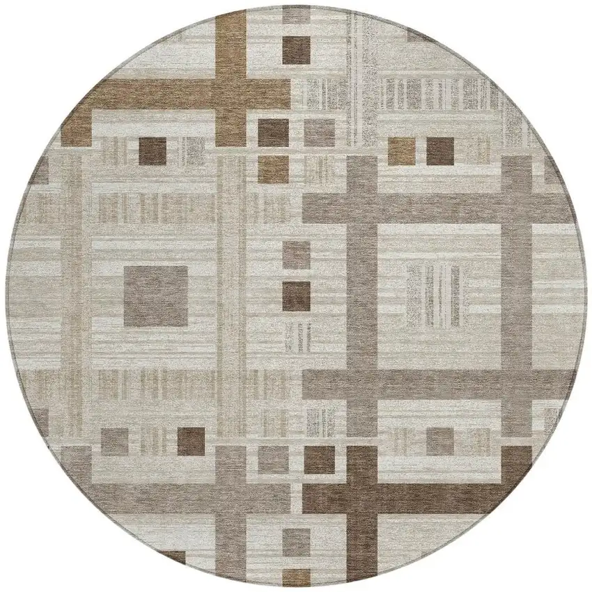 8' Beige And Brown Round Geometric Washable Indoor Outdoor Area Rug Photo 4