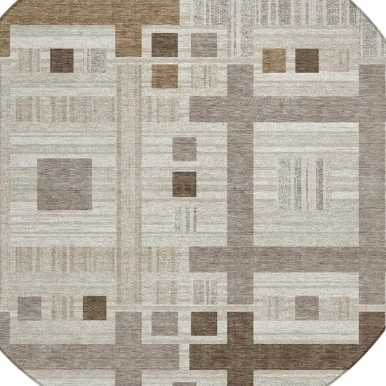 8' Beige And Brown Round Geometric Washable Indoor Outdoor Area Rug Photo 3