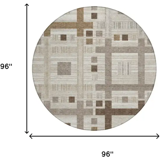 8' Beige And Brown Round Geometric Washable Indoor Outdoor Area Rug Photo 7