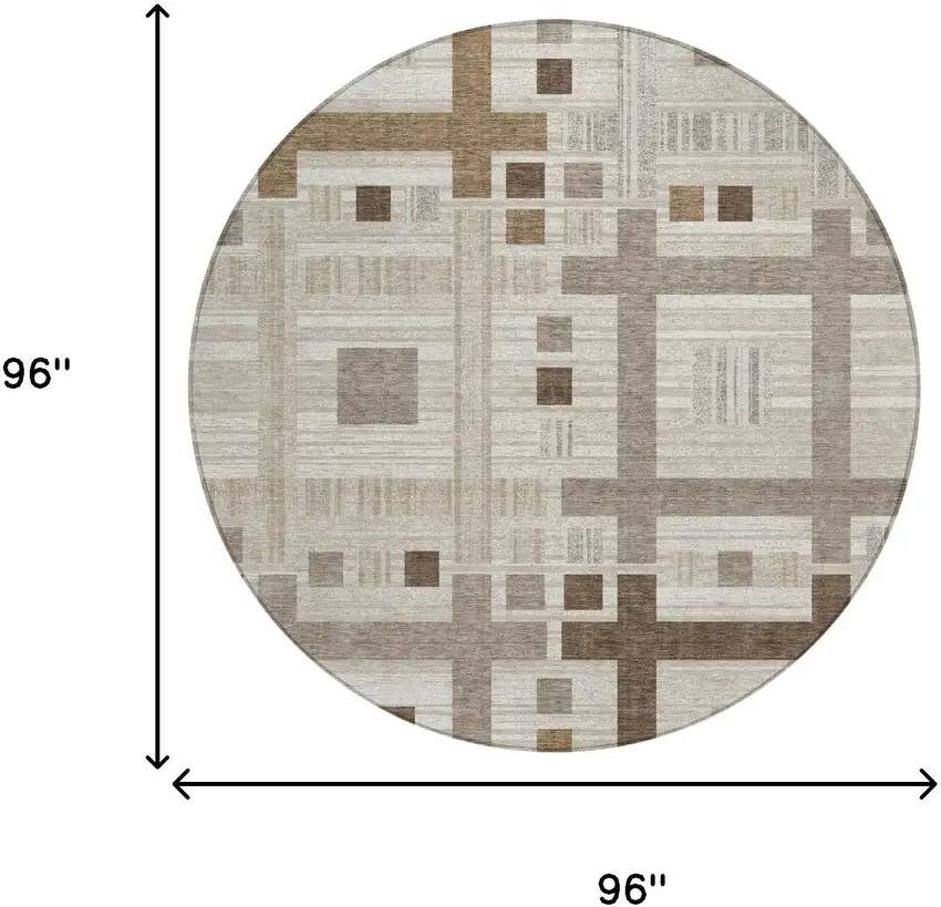 8' Beige And Brown Round Geometric Washable Indoor Outdoor Area Rug Photo 7