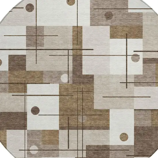 8' Beige And Brown Round Geometric Washable Indoor Outdoor Area Rug Photo 3