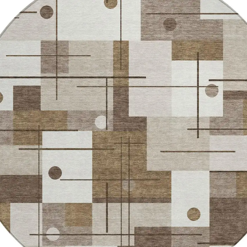 8' Beige And Brown Round Geometric Washable Indoor Outdoor Area Rug Photo 3