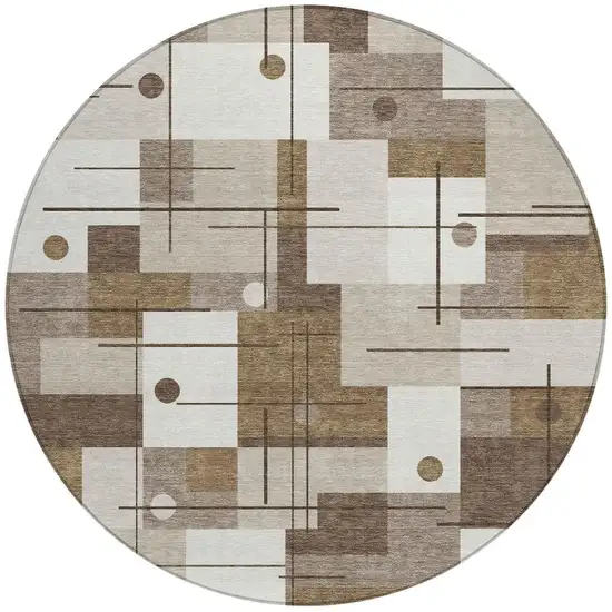 8' Beige And Brown Round Geometric Washable Indoor Outdoor Area Rug Photo 4