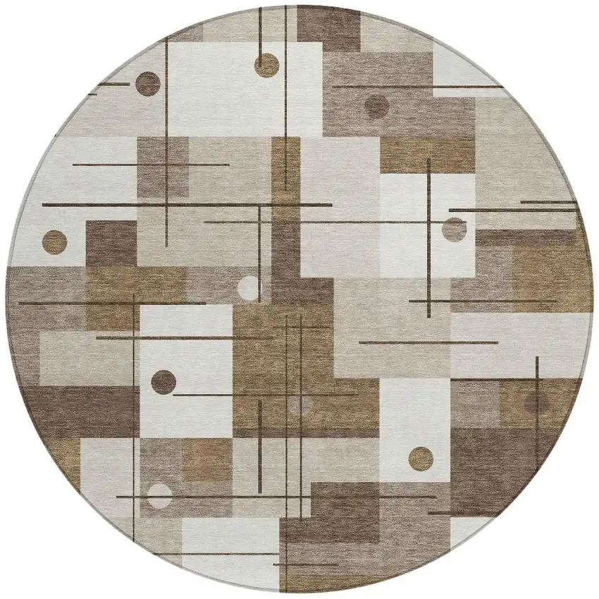8' Beige And Brown Round Geometric Washable Indoor Outdoor Area Rug Photo 4