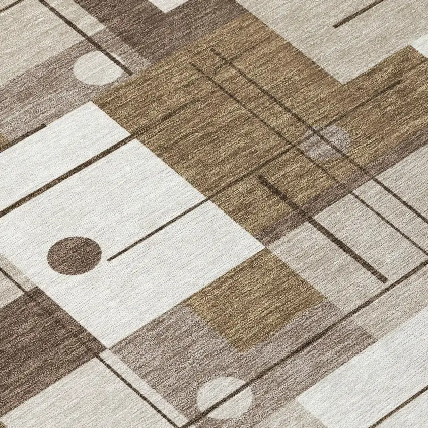 8' Beige And Brown Round Geometric Washable Indoor Outdoor Area Rug Photo 6