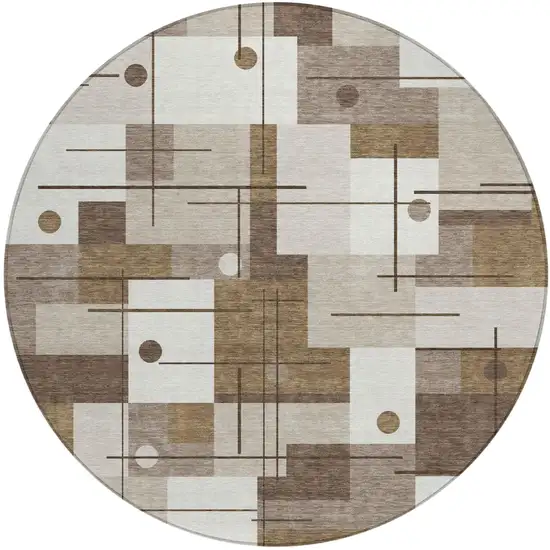 8' Beige And Brown Round Geometric Washable Indoor Outdoor Area Rug Photo 2