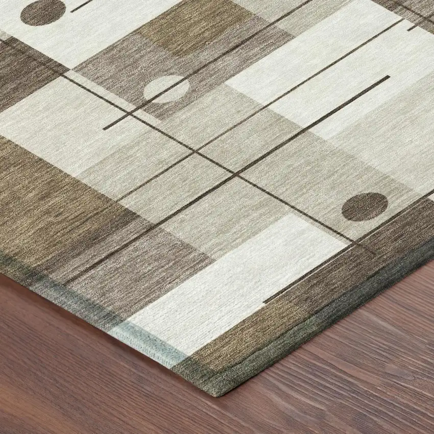 8' Beige And Brown Round Geometric Washable Indoor Outdoor Area Rug Photo 5