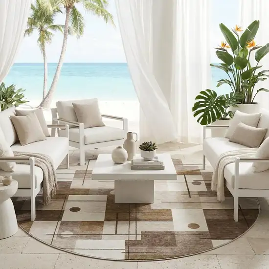8' Beige And Brown Round Geometric Washable Indoor Outdoor Area Rug Photo 1