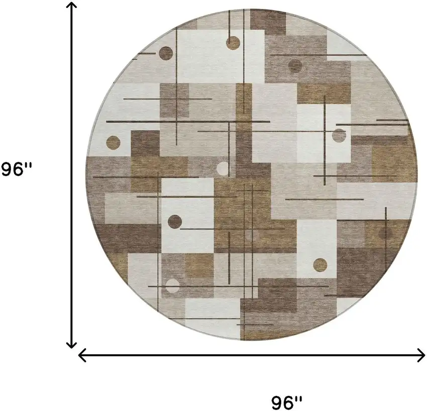8' Beige And Brown Round Geometric Washable Indoor Outdoor Area Rug Photo 7