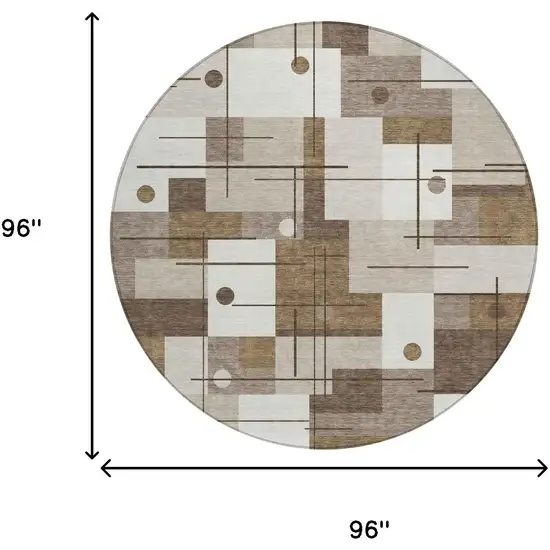 8' Beige And Brown Round Geometric Washable Indoor Outdoor Area Rug Photo 7
