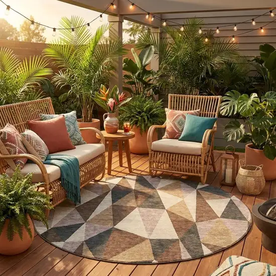 8' Beige And Brown Round Geometric Washable Indoor Outdoor Area Rug Photo 1