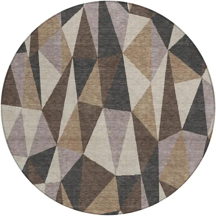 8' Beige And Brown Round Geometric Washable Indoor Outdoor Area Rug Photo 2