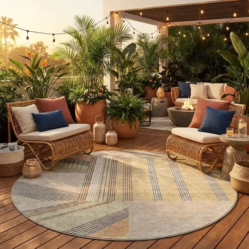8' Beige And Brown Round Geometric Washable Indoor Outdoor Area Rug Photo 1