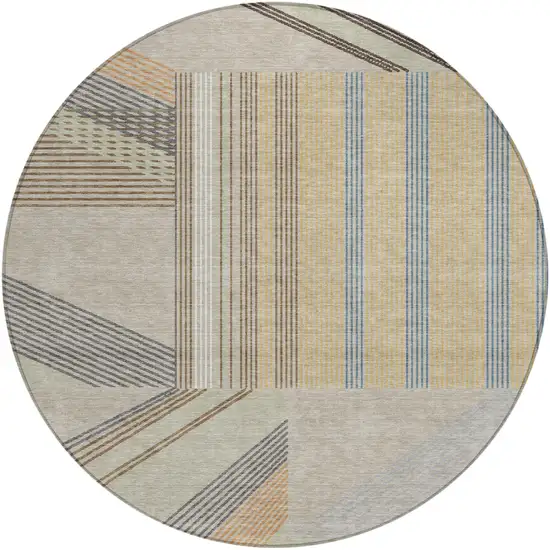 8' Beige And Brown Round Geometric Washable Indoor Outdoor Area Rug Photo 2