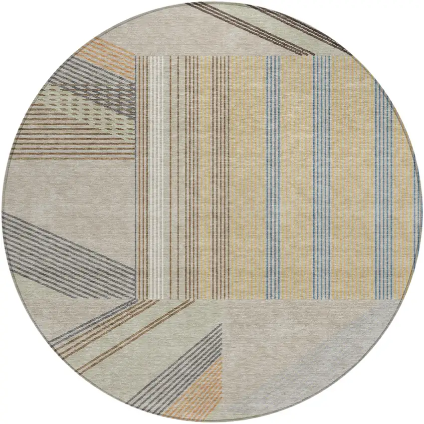 8' Beige And Brown Round Geometric Washable Indoor Outdoor Area Rug Photo 2