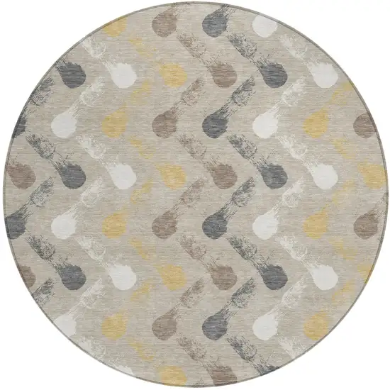 8' Beige And Brown Round Geometric Washable Indoor Outdoor Area Rug Photo 1