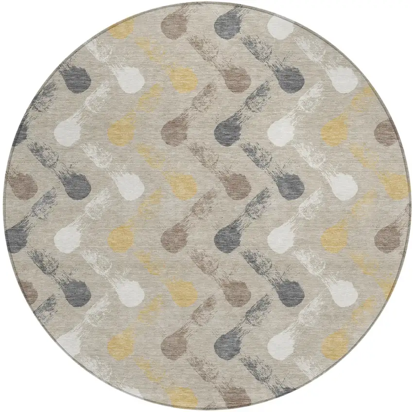 8' Beige And Brown Round Geometric Washable Indoor Outdoor Area Rug Photo 1