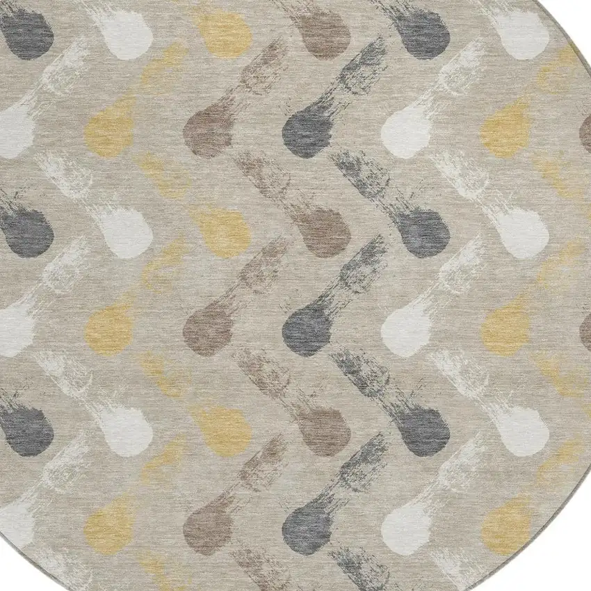 8' Beige And Brown Round Geometric Washable Indoor Outdoor Area Rug Photo 2