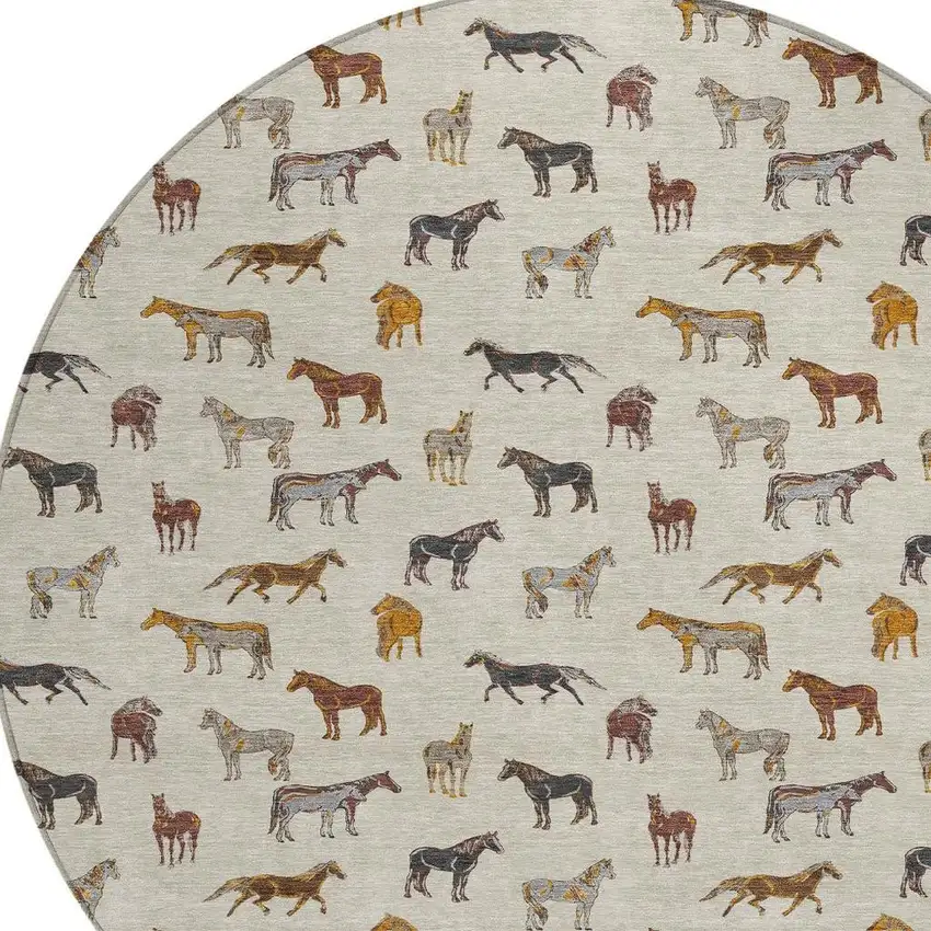 8' Beige And Brown Round Horse Washable Indoor Outdoor Area Rug Photo 3