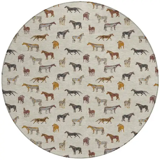 8' Beige And Brown Round Horse Washable Indoor Outdoor Area Rug Photo 4