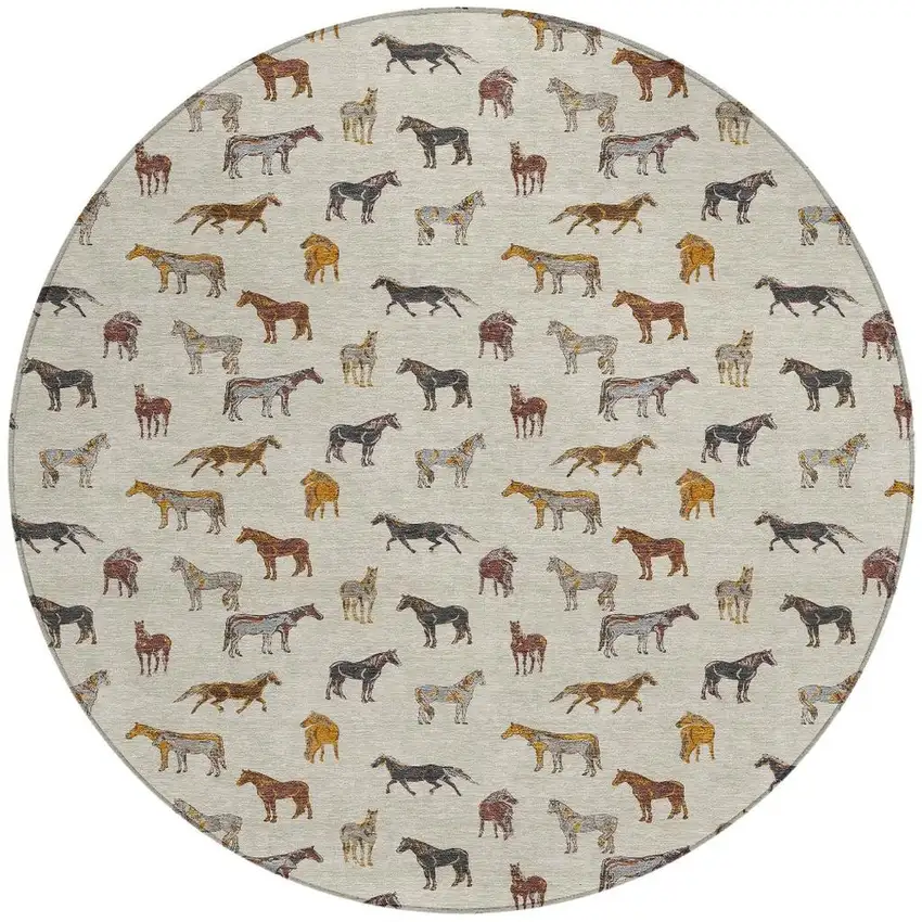 8' Beige And Brown Round Horse Washable Indoor Outdoor Area Rug Photo 4