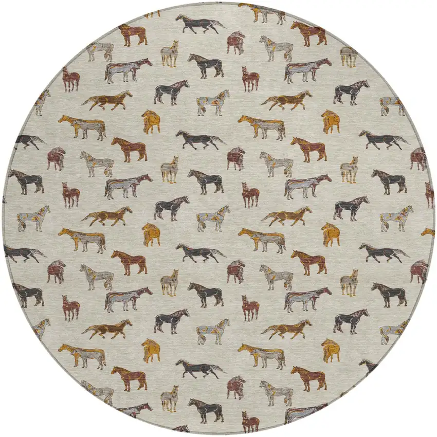8' Beige And Brown Round Horse Washable Indoor Outdoor Area Rug Photo 2