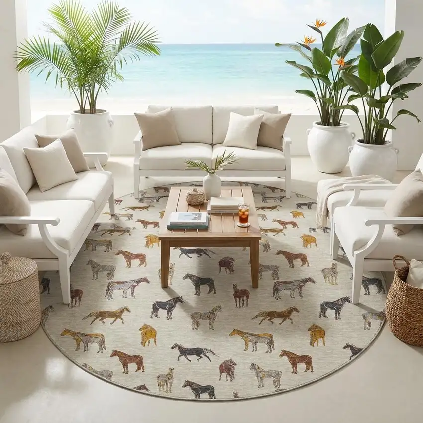 8' Beige And Brown Round Horse Washable Indoor Outdoor Area Rug Photo 1