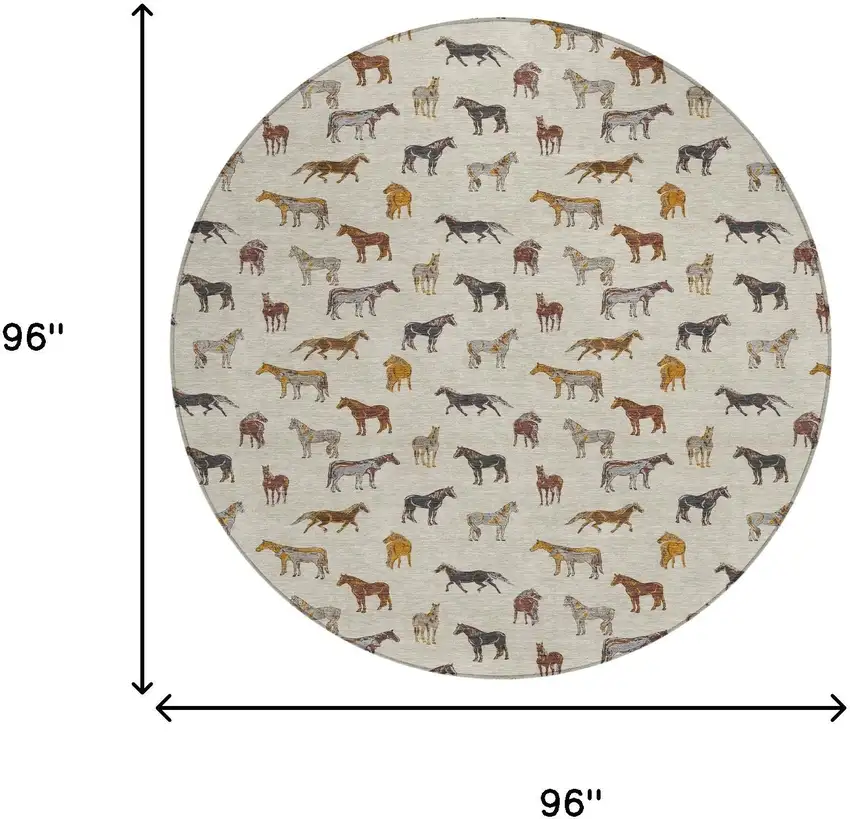 8' Beige And Brown Round Horse Washable Indoor Outdoor Area Rug Photo 7