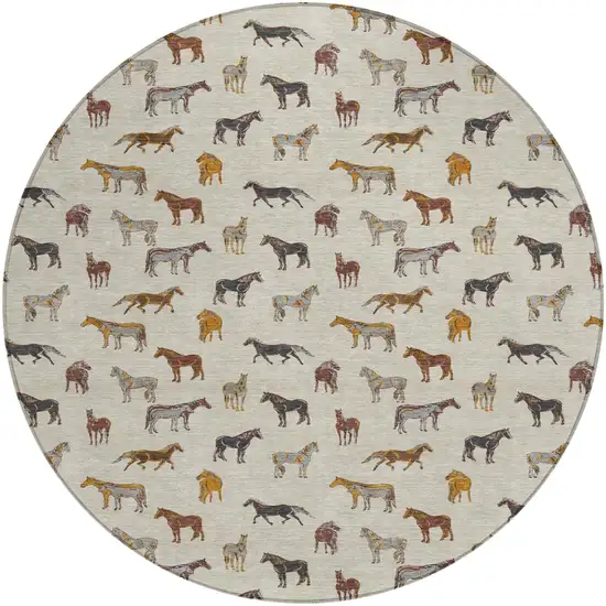 8' Beige And Brown Round Horse Washable Indoor Outdoor Area Rug Photo 2