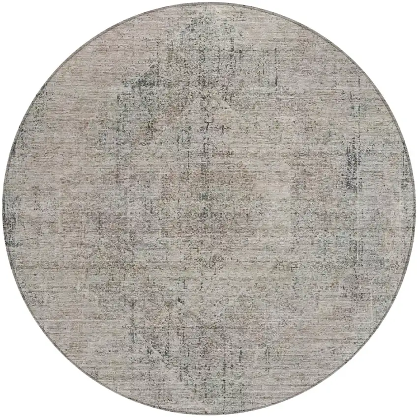 8' Beige And Brown Round Oriental Washable Indoor Outdoor Area Rug Photo 2