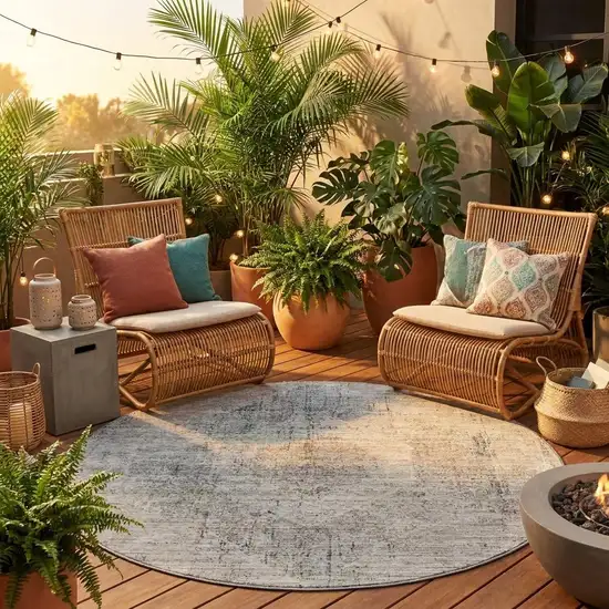 8' Beige And Brown Round Oriental Washable Indoor Outdoor Area Rug Photo 1