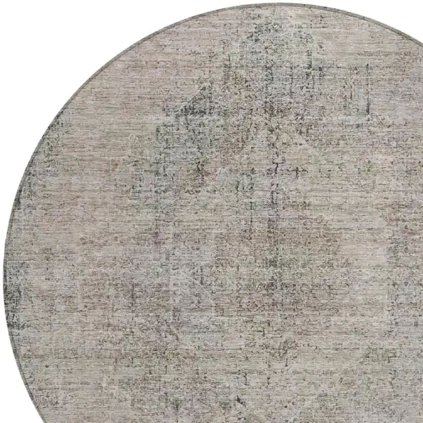8' Beige And Brown Round Oriental Washable Indoor Outdoor Area Rug Photo 3