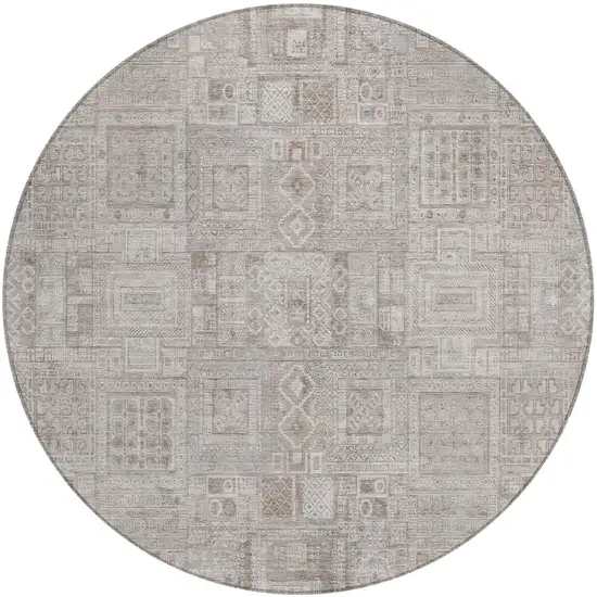 8' Beige And Brown Round Oriental Washable Indoor Outdoor Area Rug Photo 2