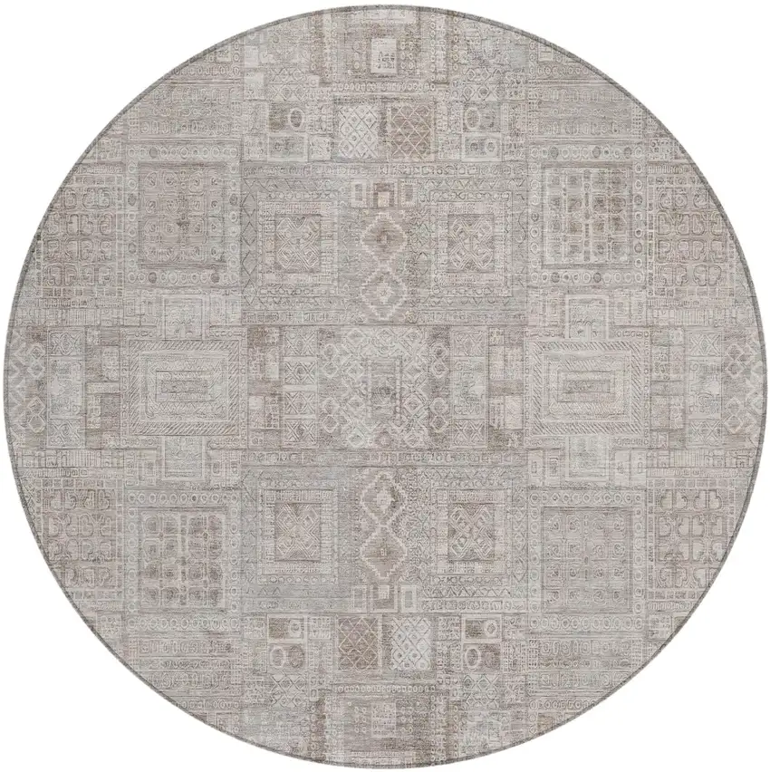 8' Beige And Brown Round Oriental Washable Indoor Outdoor Area Rug Photo 2