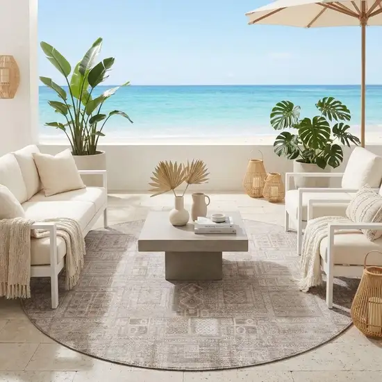 8' Beige And Brown Round Oriental Washable Indoor Outdoor Area Rug Photo 1
