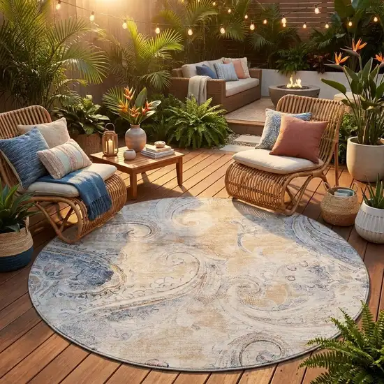 8' Beige And Brown Round Paisley Washable Indoor Outdoor Area Rug Photo 1
