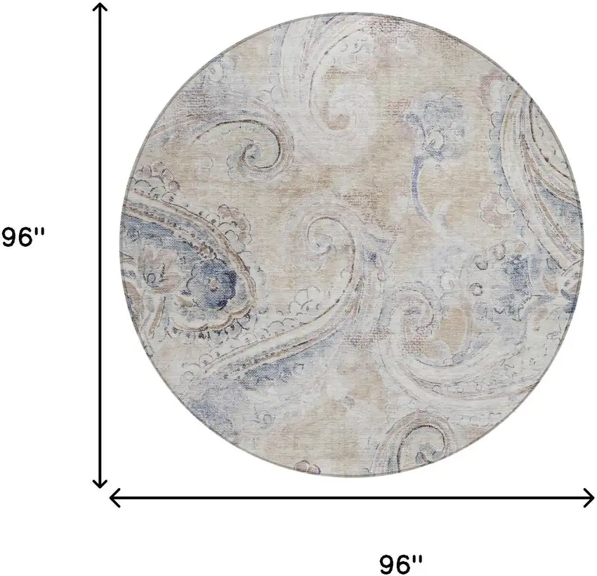 8' Beige And Brown Round Paisley Washable Indoor Outdoor Area Rug Photo 7