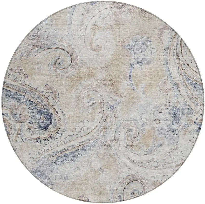 8' Beige And Brown Round Paisley Washable Indoor Outdoor Area Rug Photo 2
