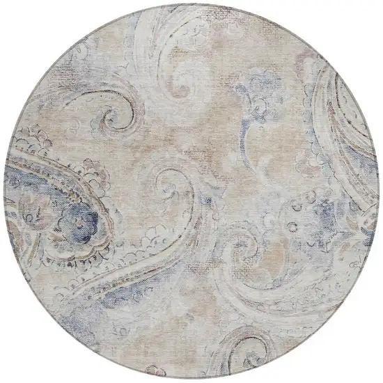 8' Beige And Brown Round Paisley Washable Indoor Outdoor Area Rug Photo 4