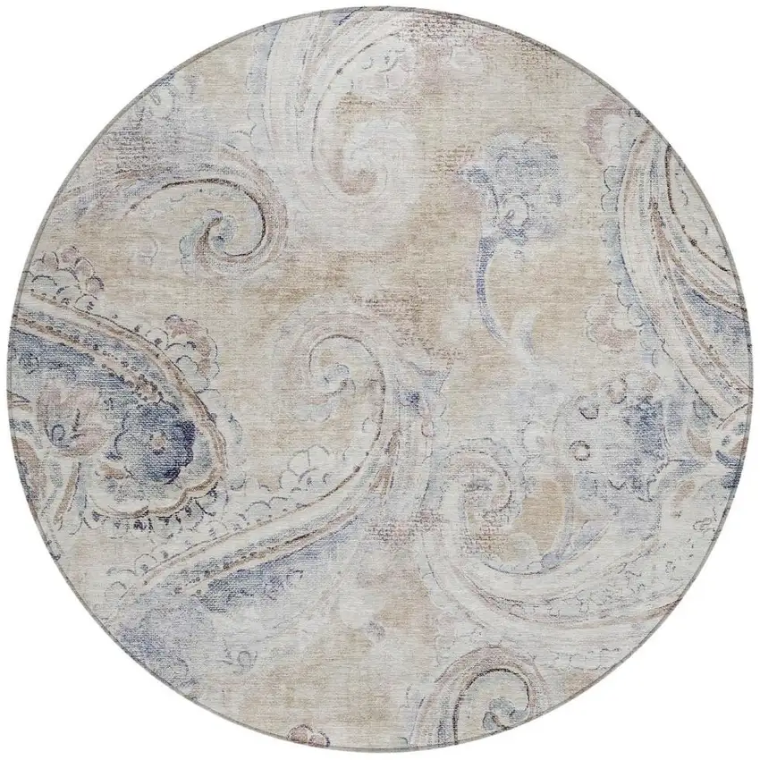 8' Beige And Brown Round Paisley Washable Indoor Outdoor Area Rug Photo 4