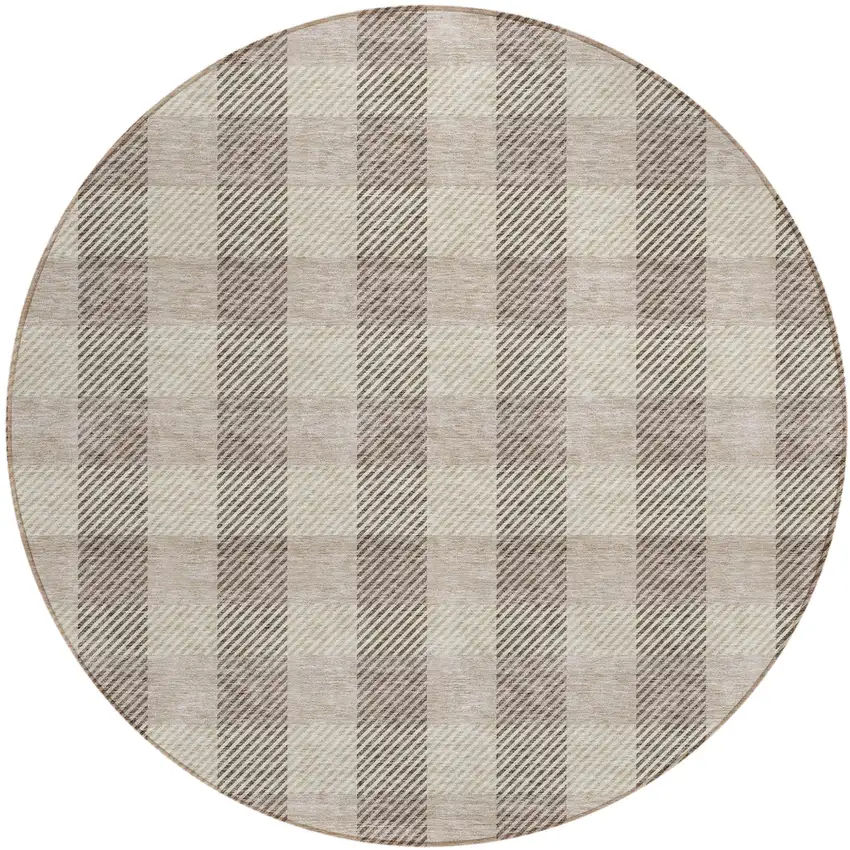 8' Beige And Brown Round Plaid Washable Indoor Outdoor Area Rug Photo 2
